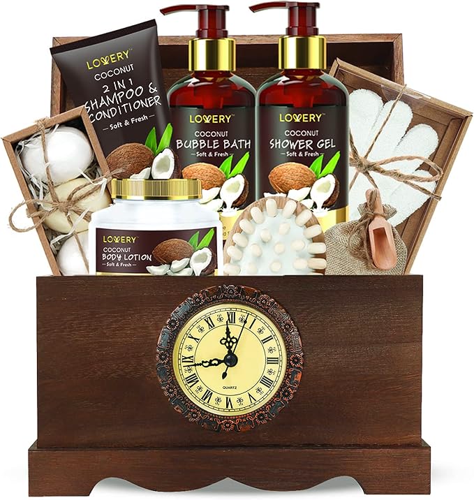 LOVERY Mothers Day Womens Gift, Bath Set in a Vintage StyleWooden Clock Box, 13Pc Premium Coconut Spa Kit forMen & Women, Body Lotion, Handmade Soap, Bath Bomb, Coconut Shampoo & Conditioner, Massager & More - Image 2